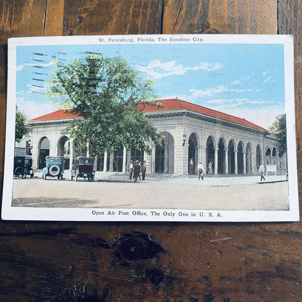 1928 Vintage Postcard Scenic Cars Open Air Post Office St Petersburg Florida FL